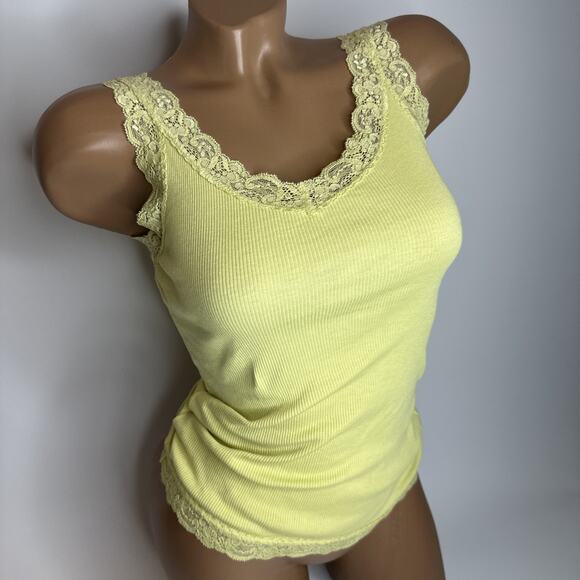 Uniqlo Ribbed Lace Trim Tank Top Lime Green Yellow Coquette Y2K Balletcore XS - Picture 1 of 9